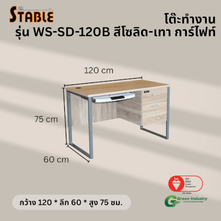 โต๊ะคอมพิวเตอร์ STABLE รุ่น WS-SD-120B 120 ซม. สีโซลิด-เทา การ์ไฟท์_2